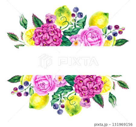 Hand-painted watercolor floral frame decorated with roses, hydrangeas, greenery, and lemon 131969156