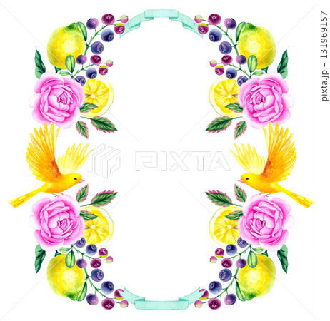 Watercolor hand painted floral wreath with ribbon banner and two yellow birds 131969157