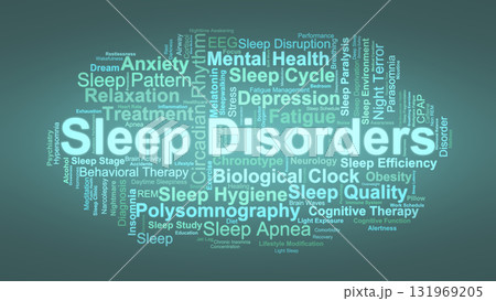 Sleep Disorders Word Cloud. Key Concepts On Insomnia, Apnea, Fatigue, And Circadian Rhythm. 131969205