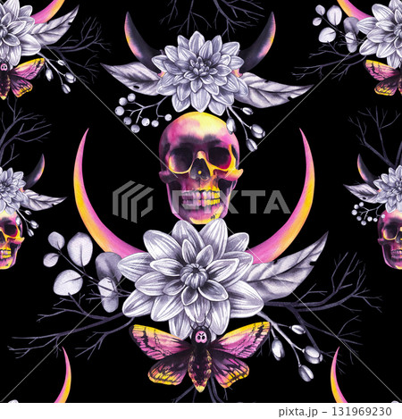 Halloween watercolor seamless pattern Halloween  pumpkins, skulls, flowers, and spooky autumn elements Halloween watercolor seamless pattern Halloween  pumpkins, skulls, flowers, and spooky autumn elements 131969230