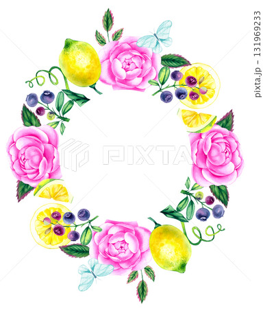 Hand-painted watercolor floral frame decorated with roses, greenery, and lemon 131969233