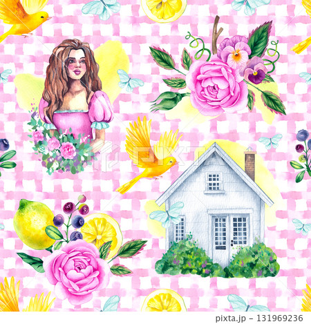 Seamless watercolor pattern with a summer house, a girl, roses, hydrangeas, apples, lemons and blueberries surrounded by greenery Seamless watercolor pattern with a summer house, a girl, roses, hydrangeas, apples, lemons and blueberries surrounded by greenery 131969236