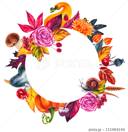 Autumn watercolor frame with leaves, flowers, pumpkins, mushrooms, and berries 131969240