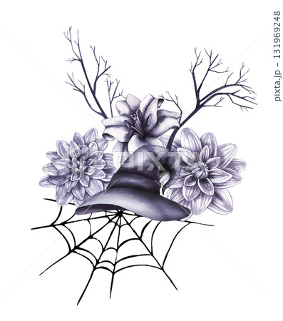 Halloween illustration featuring a witch's hat, cobwebs, flowers, and spooky autumn element Halloween illustration featuring a witch's hat, cobwebs, flowers, and spooky autumn element 131969248
