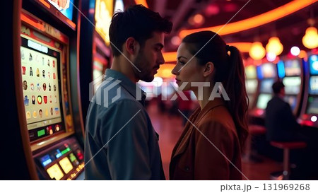 boy and girl looking into each other's eyes in the background of a casino boy and girl looking into each other's eyes in the background of a casino 131969268