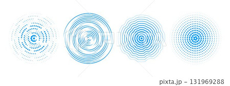 Blue radial concentric circle set. Ripped, dashed and dotted rings for epicenter, target, radar, tsunami, earthquake symbol. Sound wave signal collection. Vector rippled expansive vibration elements 131969288