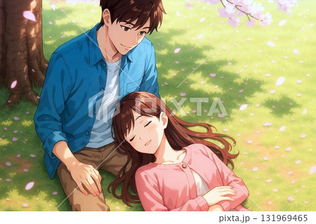 桜の木の下で寄り添うカップル 131969465