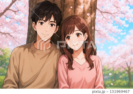 桜の木の下で微笑む二人 131969467