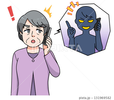 詐欺電話の対応をする高齢女性 131969582
