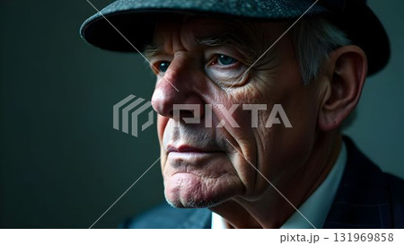 Elderly man wearing a hat gazes thoughtfully with an expressive demeanor captured in soft lighting Elderly man wearing a hat gazes thoughtfully with an expressive demeanor captured in soft lighting 131969858