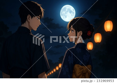 夜の夏祭りで見つめ合う浴衣のカップル 131969953