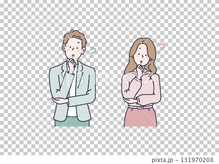 Illustration of a man and woman thinking with their arms folded Illustration of a man and woman thinking with their arms folded 131970208