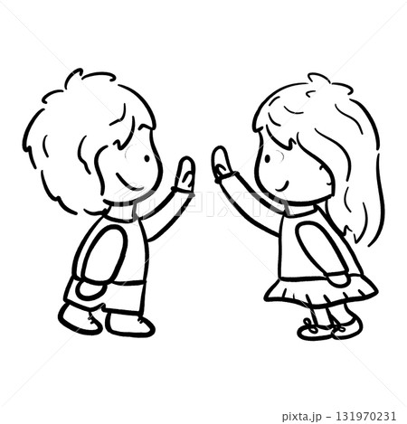 Boy and girl are giving each other a high five cartoon outline illustration 131970231