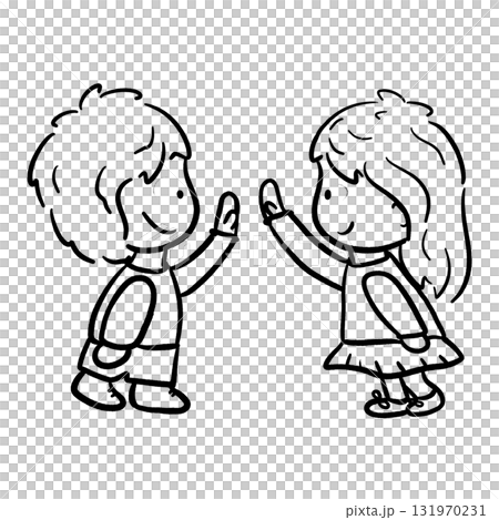 Boy and girl are giving each other a high five cartoon outline illustration 131970231