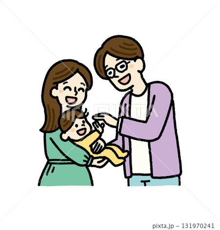 赤ちゃんと両親の幸せなひとときをカラフルに描いた家族イラスト 131970241