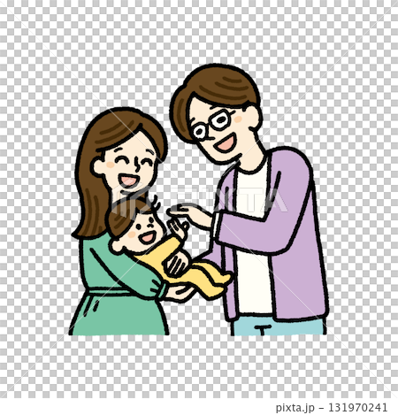 赤ちゃんと両親の幸せなひとときをカラフルに描いた家族イラスト 131970241
