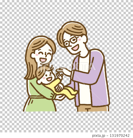 A heartwarming family illustration of a baby being held by mom and dad looking at it with a smile A heartwarming family illustration of a baby being held by mom and dad looking at it with a smile 131970242