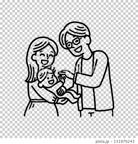 3人家族 赤ちゃん パパ ママ 抱っこ 見つめる 笑顔 モノクロ 手描き