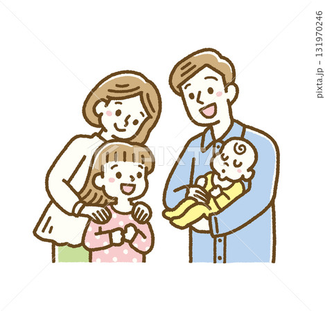 赤ちゃんを嬉しそうに見つめるお姉ちゃん 家族 イラスト パステル 131970246