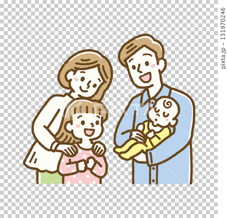 赤ちゃんを嬉しそうに見つめるお姉ちゃん 家族 イラスト パステル 131970246