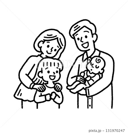 4人家族 赤ちゃん 姉 抱っこ 見つめる 笑顔 モノクロ 手描き イラスト