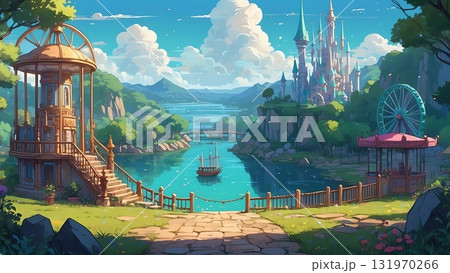 ゲーム背景 異世界ファンタジー遊園地と湖 ゲーム背景 異世界ファンタジー遊園地と湖 131970266