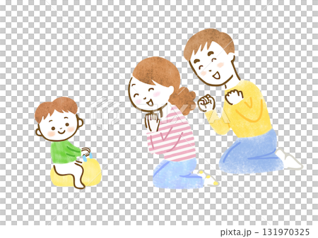 おまるでトイレトレーニングしている子どもと応援する両親の手描きイラスト おまるでトイレトレーニングしている子どもと応援する両親の手描きイラスト 131970325