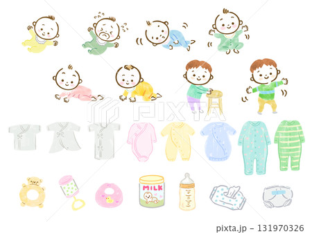 赤ちゃんの成長過程とベビー用品の手描きイラストセット 131970326