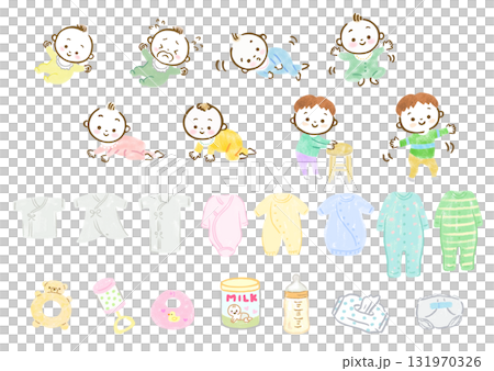 Hand-drawn illustration set of baby growth process and baby products 131970326