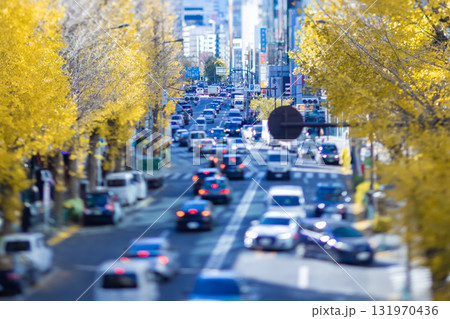 ミニチュア風・黄色に色づいた銀杏並木の明治通り【秋イメージ】 131970436