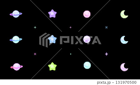 8bitレトロゲーム風惑星や星や月のかわいいイラスト黒背景 131970500