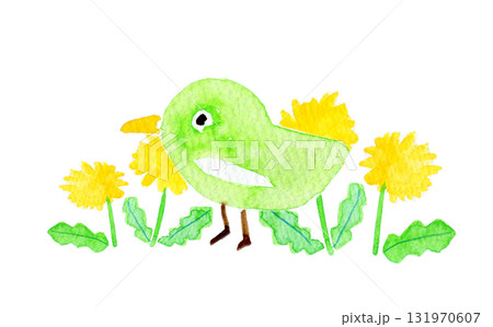 シンプルな水彩イラスト　たんぽぽと小鳥 131970607