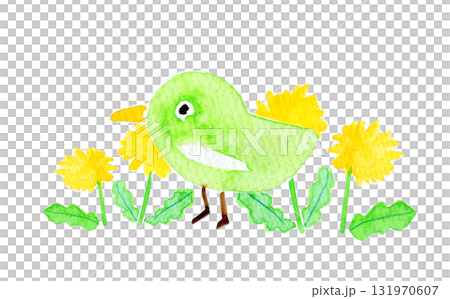 シンプルな水彩イラスト　たんぽぽと小鳥 131970607