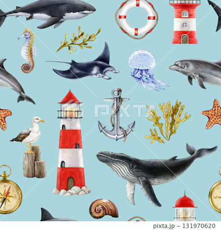 Marine theme seamless pattern design element on blue background. Hand drawn lighthouse, whale, dolphin, shark, anchor watercolor illustration. Sea life mood elements vintage style seamless pattern 131970620