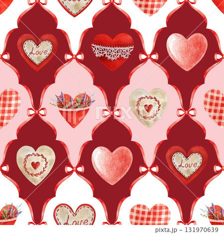 Valentine Day romantic mood seamless pattern decoration. Hand drawn red heart elements vintage style watercolor illustration. Perfect for romantic designs, holiday decor and gift paper wrapping Valentine Day romantic mood seamless pattern decoration. Hand drawn red heart elements vintage style watercolor illustration. Perfect for romantic designs, holiday decor and gift paper wrapping 131970639