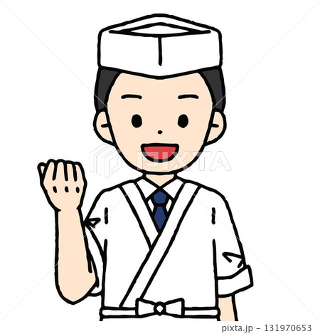 板前の男性がガッツポーズをしている 131970653