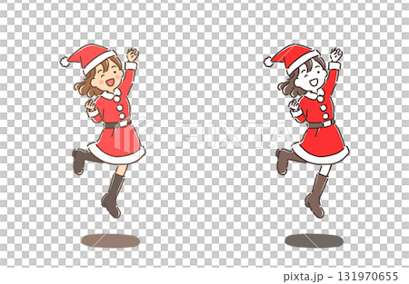 Christmas - A young woman jumping in a Santa Claus costume 131970655