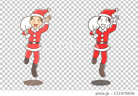 Christmas・サンタクロースのコスプレをしてジャンプしている若い男性 Christmas・サンタクロースのコスプレをしてジャンプしている若い男性 131970656