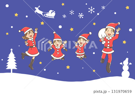 Christmas・元気にジャンプしているサンタクロース姿の家族 Christmas・元気にジャンプしているサンタクロース姿の家族 131970659