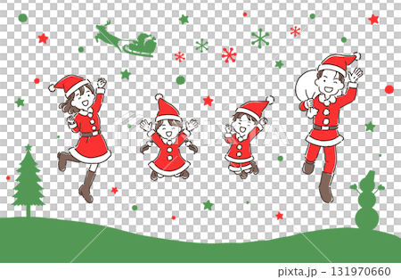 聖誕節——一家人裝扮成聖誕老人,精力充沛地跳躍——聖誕色彩 聖誕節——一家人裝扮成聖誕老人,精力充沛地跳躍——聖誕色彩 131970660
