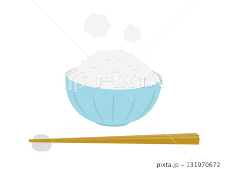 水色の茶碗に盛られた暖かい白米と箸のイラスト 水色の茶碗に盛られた暖かい白米と箸のイラスト 131970672