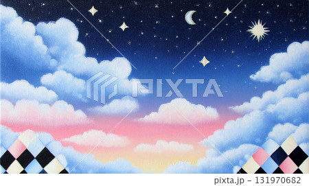 雲と星が浮かぶ幻想的な夜空のイラスト背景 雲と星が浮かぶ幻想的な夜空のイラスト背景 131970682