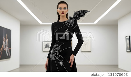 Elegant woman in spiderweb dress poses in art gallery. 131970698
