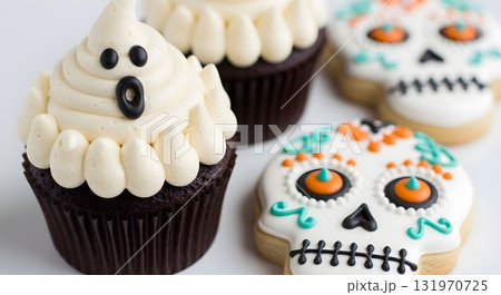 Halloween cupcakes and decorated sugar skull cookies on white background. 131970725
