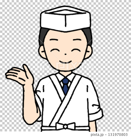 板前の男性が案内をしている 131970803