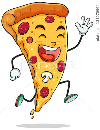 Happy Cartoon Pizza Slice Jumping with Joy 131970964