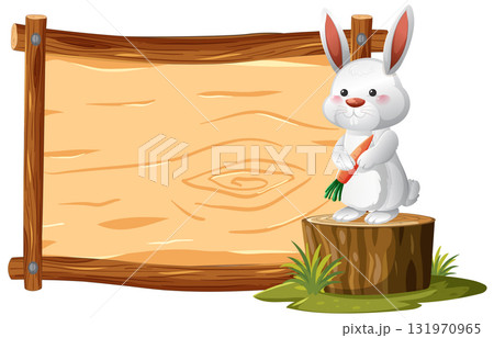 White Bunny Holding Carrot Beside Wooden Signboard White Bunny Holding Carrot Beside Wooden Signboard 131970965