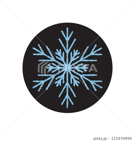 Blue snowflake sticker on black circle in crayon style. Icy ornament for winter holiday, symbol of frost and chill. Perfect for box decoration or as xmas element in cold, holiday season themes. Blue snowflake sticker on black circle in crayon style. Icy ornament for winter holiday, symbol of frost and chill. Perfect for box decoration or as xmas element in cold, holiday season themes. 131970999
