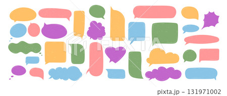 Hand drawn grunge speech bubble set with organic doodle cloud and round textbox. Pastel chat banner as quote and message elements for creative conversation or abstract template background. Hand drawn grunge speech bubble set with organic doodle cloud and round textbox. Pastel chat banner as quote and message elements for creative conversation or abstract template background. 131971002