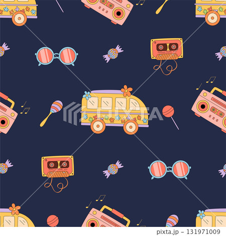 Groovy y2k music seamless pattern with cartoon flower and cassette, boombox, radio on dark background. Vintage retro design for colorful pop wallpaper or creative poster. Groovy y2k music seamless pattern with cartoon flower and cassette, boombox, radio on dark background. Vintage retro design for colorful pop wallpaper or creative poster. 131971009
